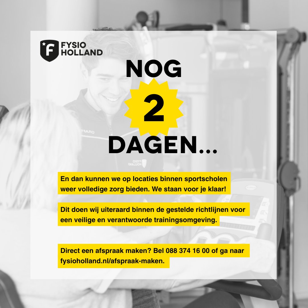 Het is bijna 1 juli, de dag waarop sportscholen weer open mogen! Alvast een afspraak maken bij jouw dichtstbijzijnde FysioHolland-locatie binnen een sportschool? Bel naar 088 374 16 00 of maak online een afspraak via fysioholland.nl/afspraak-maken/