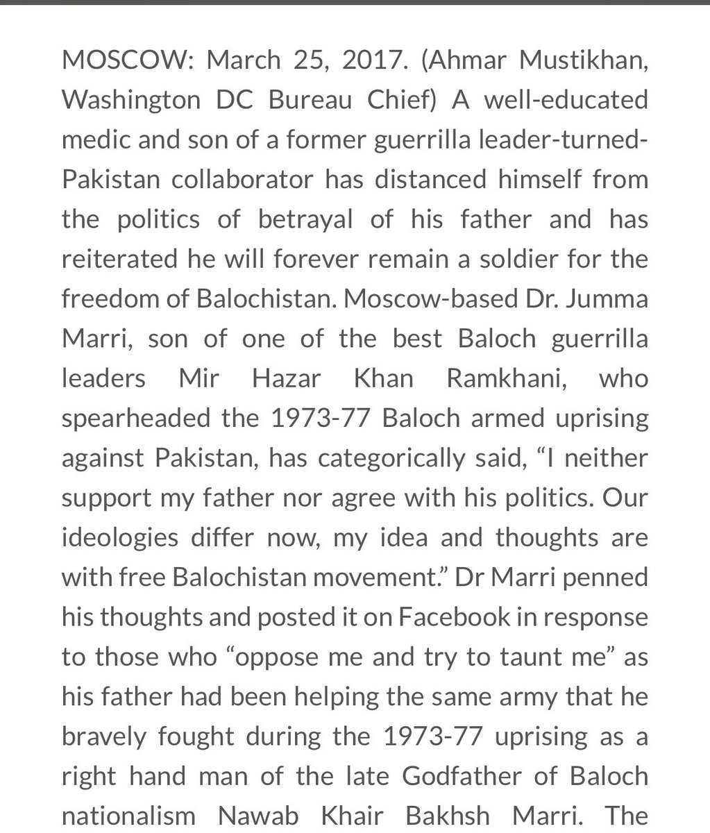 Jumma Khan Marri’s father Hazar Khan Marri later recognized the political bankruptcy of Marxist politics as Soviet Union collapsed, he rejoined mainstream Pakistani politics & became a campaigner against terrorism.However  #BLA cofounder Sher Mohammad Marri moved to India./35