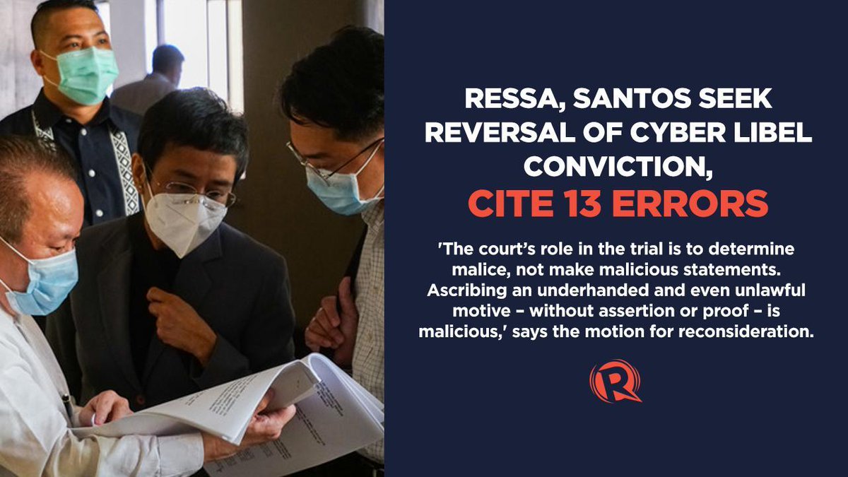rapplerdotcom's tweet photo. Rappler CEO Maria Ressa and former researcher-writer Reynaldo Santos Jr's motion for partial reconsideration cited at least 13 errors committed by Judge Montesa in her June 15 verdict and accused her of malice.

READ: https://t.co/U04CqgA5hy https://t.co/CrlVJaNW8H