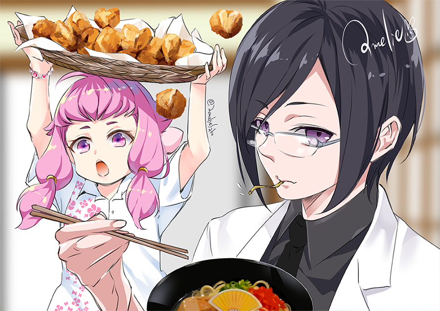先日めで鯛先生からとうらぶコラボカフェの北谷菜切コースターをお譲り頂いたので、お礼に薬研君(+私の趣味でなーちりー)描きました。せっかくなのでイラレでイン〇タ風に。コラボカフェの沖縄そば美味しかったのでせっかくならと薬研君にも食べて頂きました、笑 