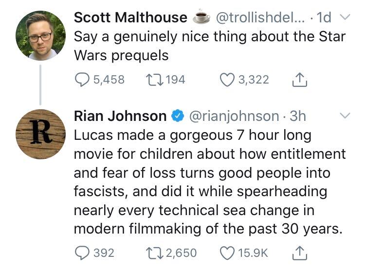 Fandom on X: Rian Johnson stands up for the Star Wars prequel