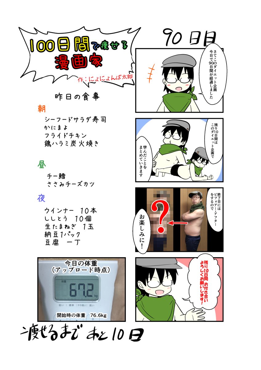 「100日間で痩せる漫画家」
90日目
(毎日19時頃アップします!)

残り10日!
やはり水分で1～2kg簡単に増えるね!

#100日間で痩せる漫画家
#ダイエット 