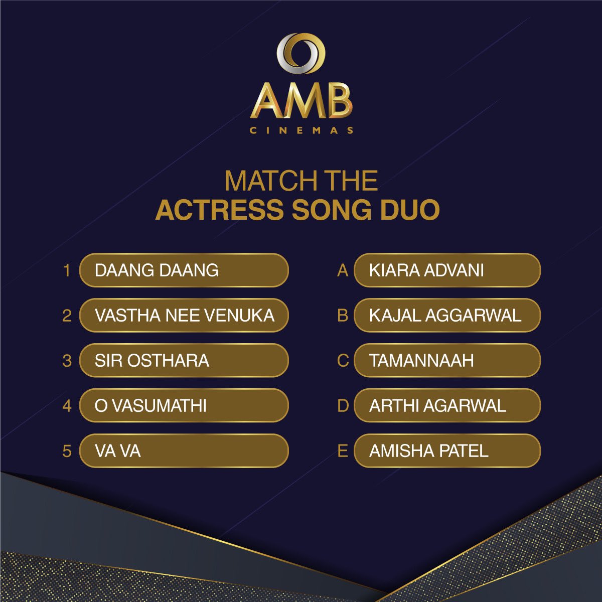 amb_cinemas's tweet photo. Can you match the song name with the actress who starred in it? Let's test your knowledge!😄 #Tollywood #Songs #Actresses #MatchTheDuo #FilmKnowledge #AMBCinemas https://t.co/YA2N0EI3nJ