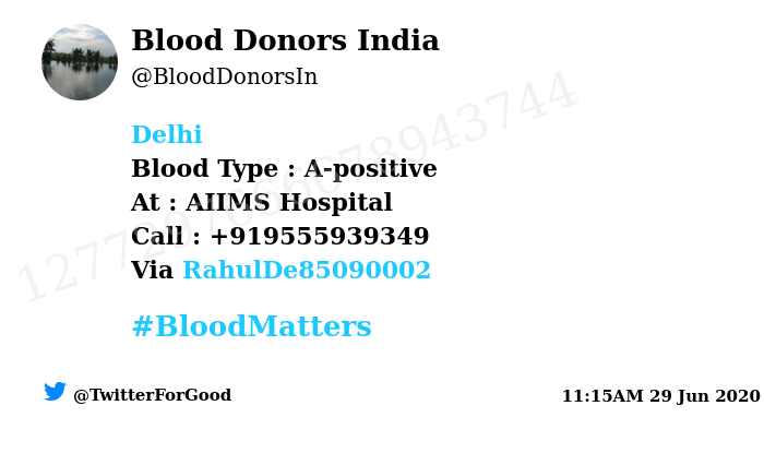 BloodDonorsIn's tweet photo. #Delhi
Need #Blood Type :  A-positive
At : AIIMS Hospital
Number of Units : 6
Primary Number : +919555939349
Illness : Cancer
Via: @RahulDe85090002
#BloodMatters
Powered by Twitter https://t.co/Sc4wqjrtRD