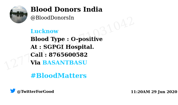 BloodDonorsIn's tweet photo. #Lucknow
Need #Blood Type :  O-positive
At : SGPGI Hospital.
Number of Units : 40
Primary Number : 8765600582
Secondary Number : 8318219045
Via: @BASANTBASU
#BloodMatters
Powered by Twitter https://t.co/Pwxw68agw8