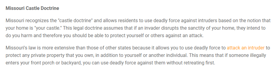 Missouri has a hardcore Castle Doctrine. These two were actually perfectly entitled to open fire right there and then because their private property was being invaded by BLM. They didn't which was an admirable bit of self control.