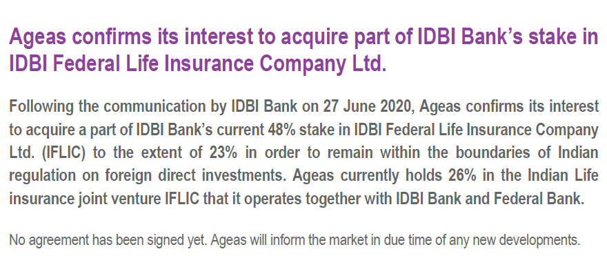 TSimonts's tweet photo. #Ageas wil een deel van het 48% belang van IDBI Bank in de gezamenlijke joint venture #IFLIC (IDBI Federal Life Insurance Company) overnemen. Gaat om 23% belang, zodat #Ageas 49% van IFLIC kan controleren (het maximum voor buitenlandse bedrijven volgens de Indiase wetgeving). https://t.co/5HoaX0J9t8