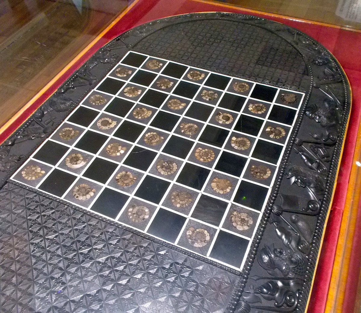 #MolluscMonday Exquisite chessboard comprising sectioned Jurassic ammonites and jet (fossil wood), both collected from the vicinity of Whitby, North Yorkshire. Made between 1895 and 1899 by John Sherwood, the chessboard can be seen in the Whitby Museum.