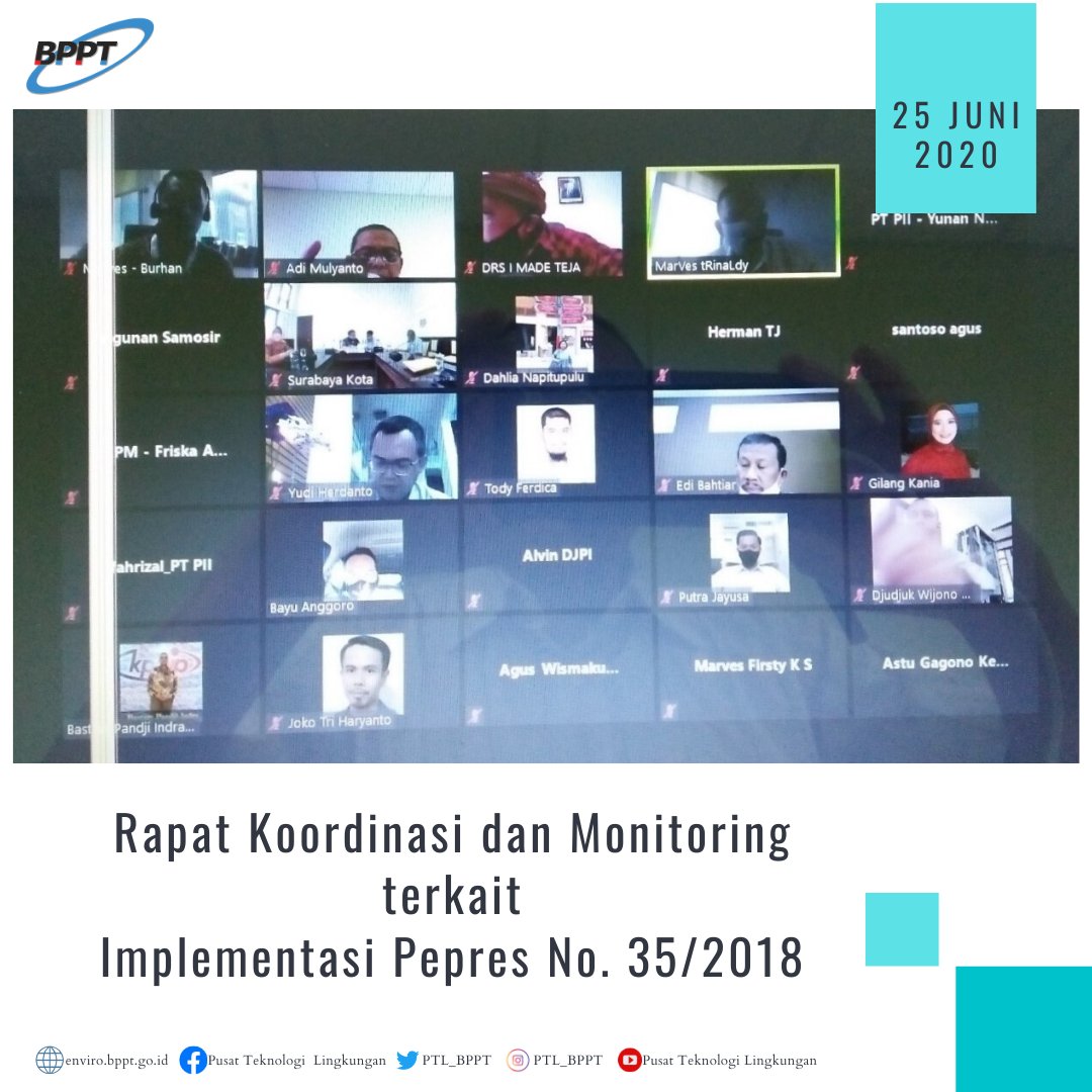 ptl_bppt's tweet image. Kamis (25/06)
Adi Mulyanto mewakili Direktur PTL untuk menghadiri undangan video conference dari Kemenkomarves perihal Koordinasi dan Monitoring terkait Implementasi Pepres No. 35/2018 di Provinsi Jawa Barat, Provinsi Bali, dan Kota Surabaya. 

#BPPTRI #TeknologiLingkungan