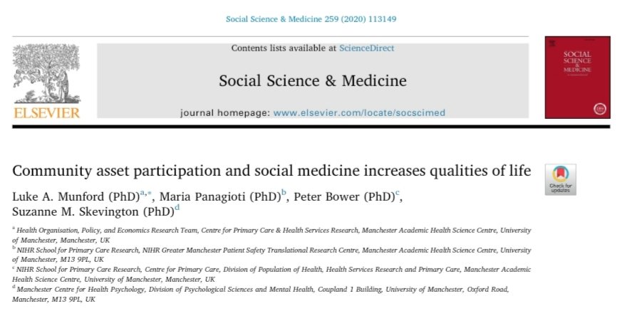 Luke Munford (@dukester24) on Twitter photo New #OpenAccess paper on #CommunityAssets & #SocialMedicine
We show that participation in community assets is associated with higher quality of life (WHOQOL-BREF)
Longitudinally, starting to participate improves QoL and ceasing participation reduces QoL
doi.org/10.1016/j.socs… New #OpenAccess paper on #CommunityAssets & #SocialMedicine
We show that participation in community assets is associated with higher quality of life (WHOQOL-BREF)
Longitudinally, starting to participate improves QoL and ceasing participation reduces QoL
doi.org/10.1016/j.socs…