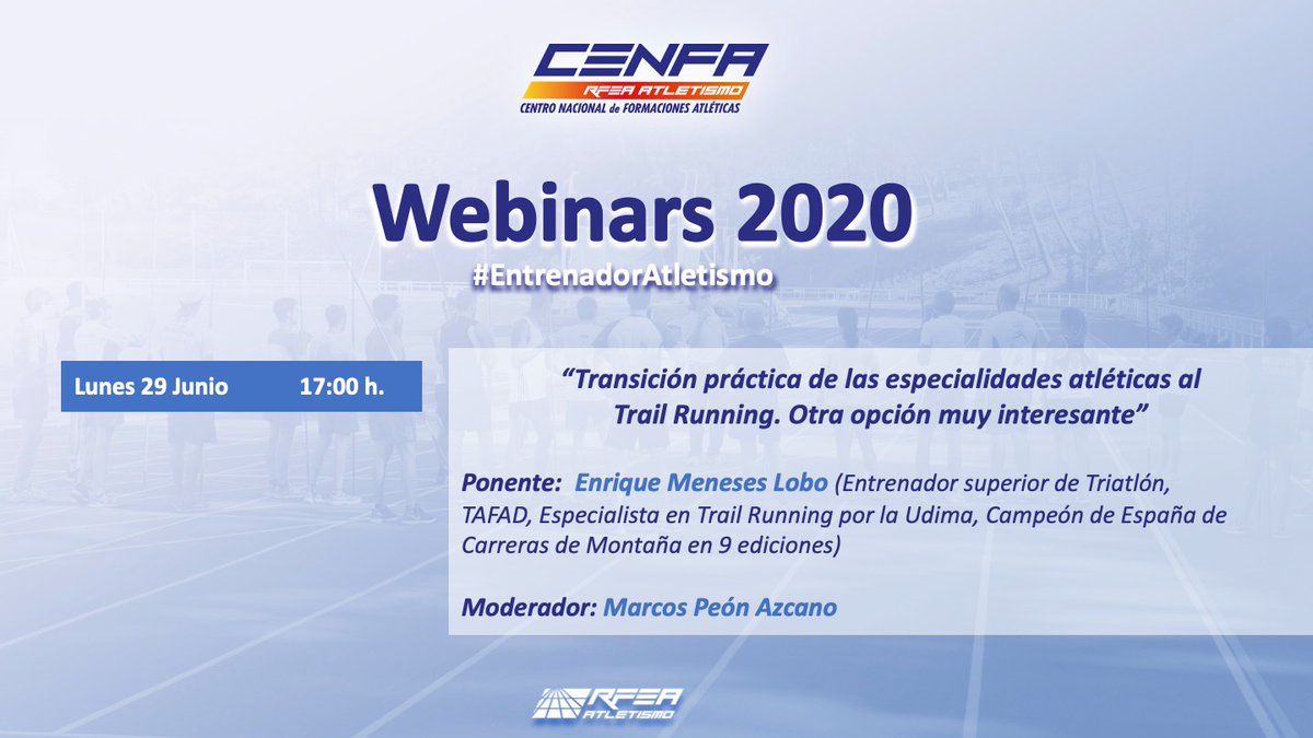 No te pierdas los webinars para #EntrenadorAtletismo de esta semana:

📆 L, M y X

Comenzamos con ➡️“Transición práctica de las especialidades atléticas al Trail Running" 
🎙️ <a href="/KMeneses_Lobo/">Enrique Meneses Lobo</a>
💻 bit.ly/3cndqjF