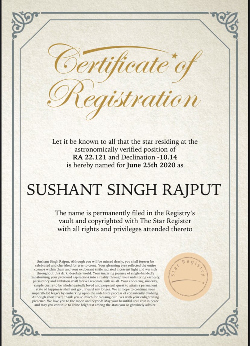 sushant had always been so fond of the stars &amp; thus i found it quite fitting to name one after him. 💫 i shall forever be blessed to have witnessed such a beautiful &amp; profound soul. may you continue to shine brightest! 💛

<a href="/itsSSR/">Sushant Singh Rajput</a>
#sushantsinghrajput #sushantinourheartsforever