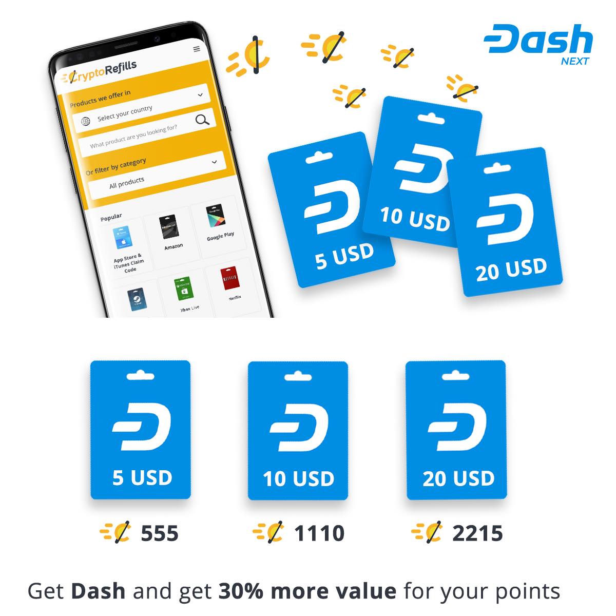 DashinThailand's tweet image. Special partnership between #DashNext &amp;amp; #CryptoRefills, users redeeming Dash instead of other cryptocurrencies will get 30% more value for their points through the newly launched CryptoRefills loyalty program. Once users earn enough points they can redeem Dash as a reward!