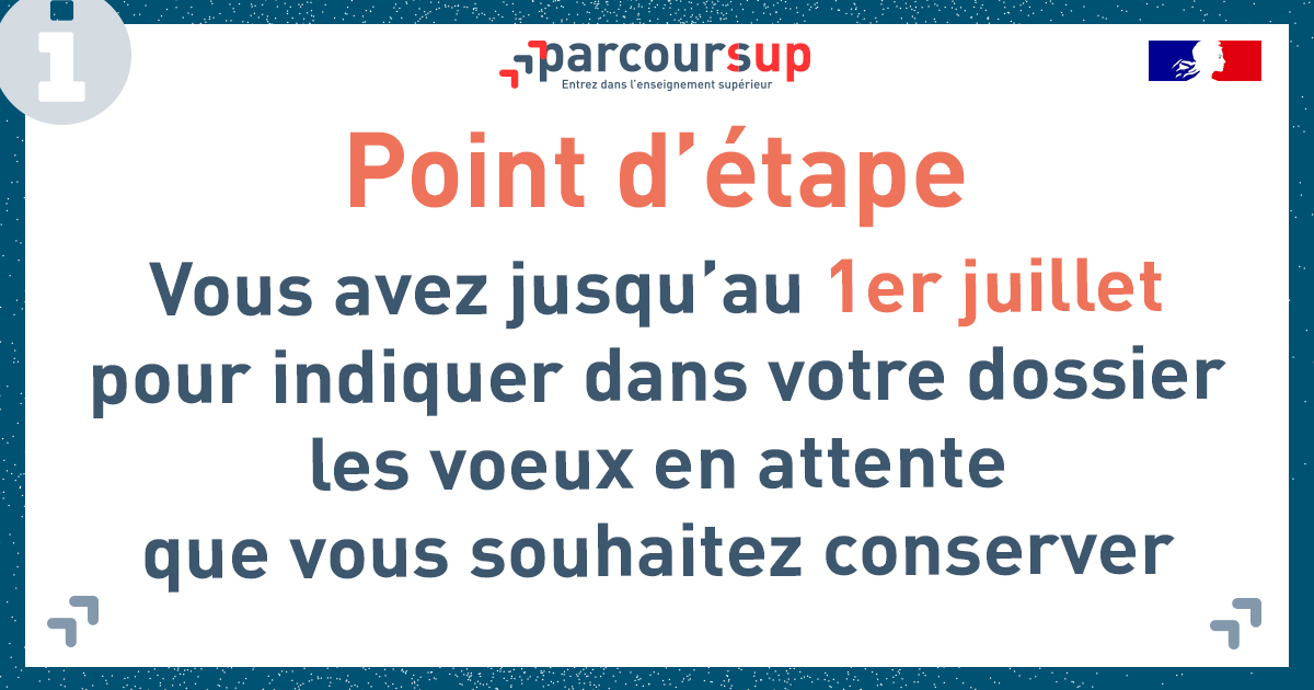📣 Début du point d'étape obligatoire : vous avez jusqu'au 1er juillet pour confirmer les vœux en attente que vous souhaitez conserver.

⚠️ Si vous ne validez pas votre point d'étape vos vœux en attente seront considérés comme abandonnés.

🔗 parcoursup.fr/index.php?desc…
