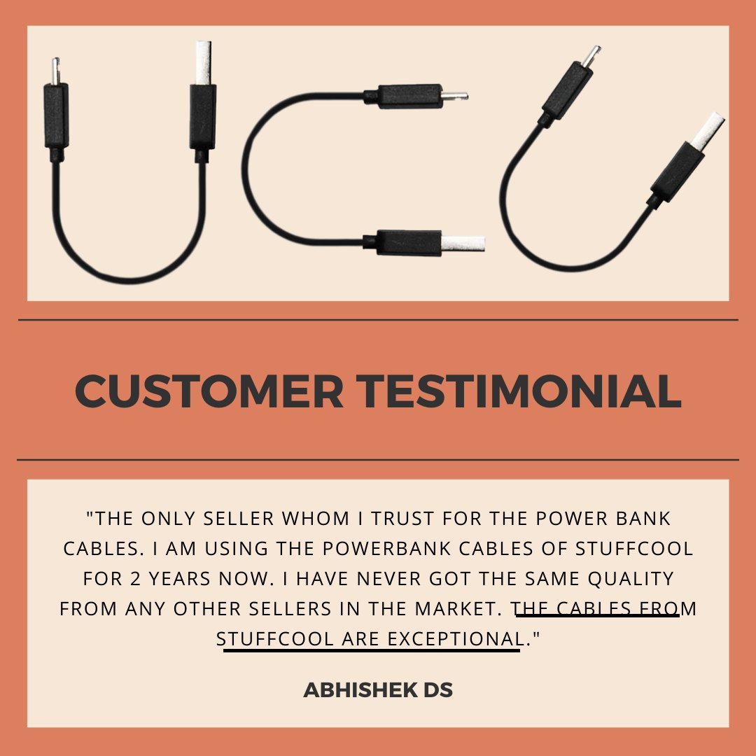 Stuffcool's tweet photo. Don't take our word....but do listen to what a satisfied customer has to say about Stuffcool cables. When are you getting yours? Check the full collection of Stuffcool cables here https://t.co/Qh4WkJx1sg
#cables #lightningcables #typeccables #usbcables #microusbcables #usbtypec https://t.co/hhXEByEAtI