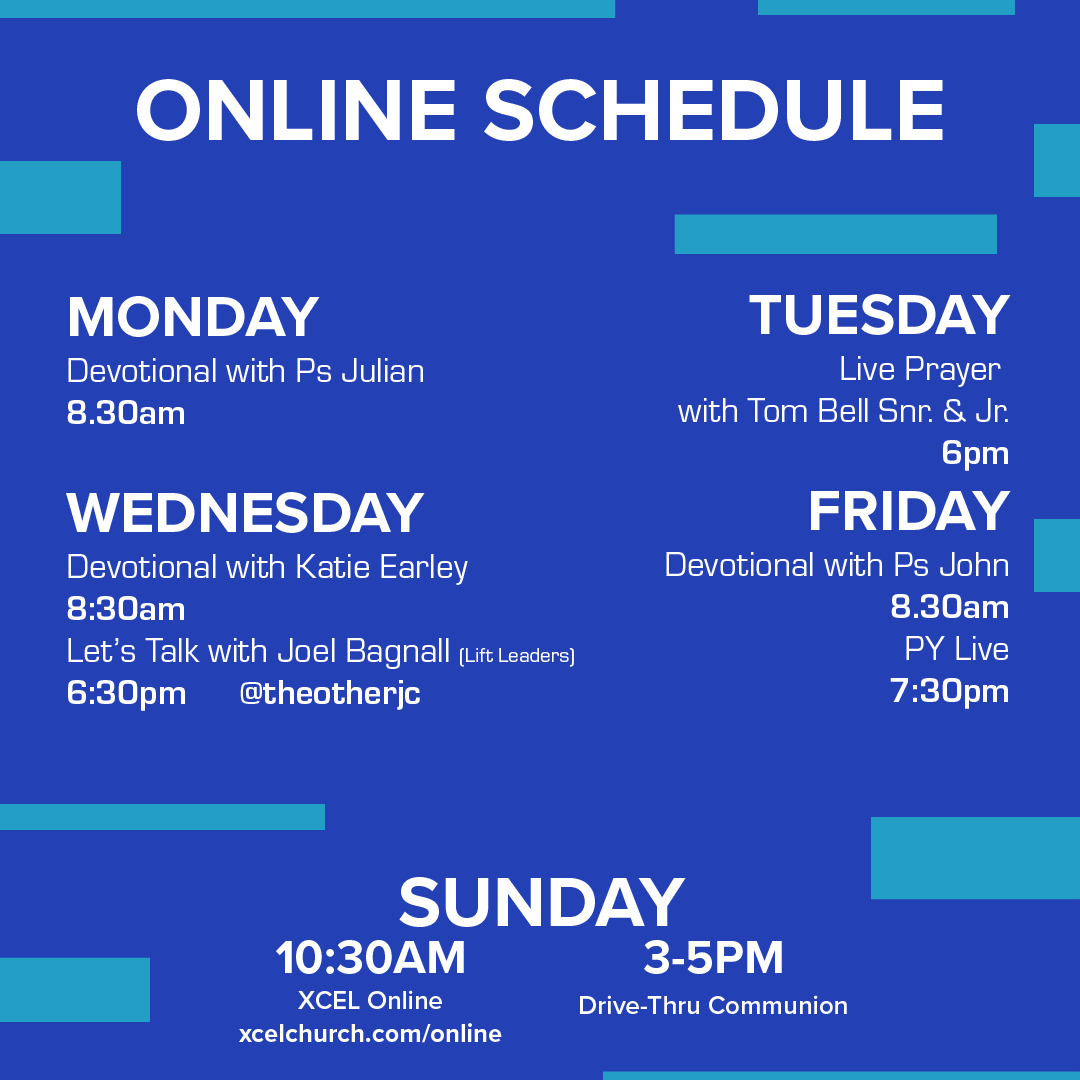 XcelChurch's tweet photo. 😀 HEY CHURCH 😀

This week we have some awesome online events for you!

All new to our Sunday routine is a DRIVE-THRU Communion happening this weekend from 3-5PM + PK Powerpack handout! It will be lots of fun!

Have a great week! https://t.co/WEbVAaNUij