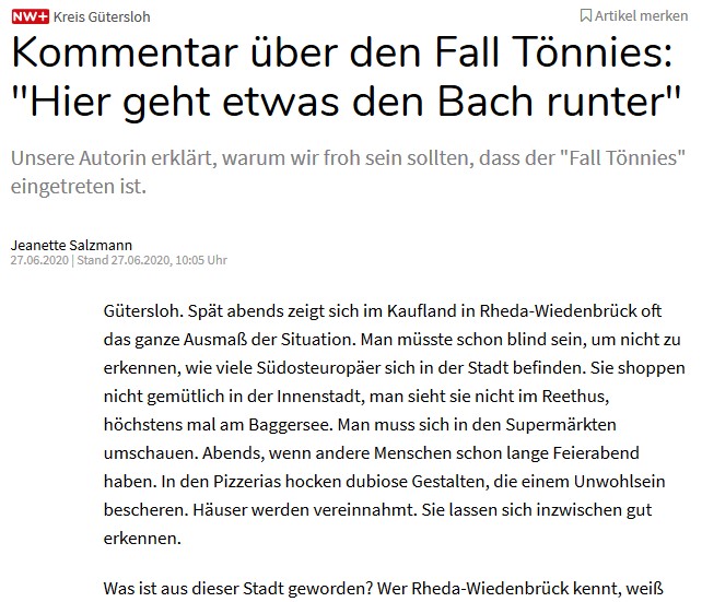cfelschen's tweet photo. Die #NeueWestfälische hat das Problem im Fall #Tönnies gefunden. Unser Fleischkonsum? I wo! Die Rumänen sind's: "In den Pizzerias hocken dubiose Gestalten, die einem Unwohlsein bescheren. Häuser werden vereinnahmt." @nwnews, IHR bereitet mir Unbehagen. #otherization https://t.co/pRUlVOR8Sd