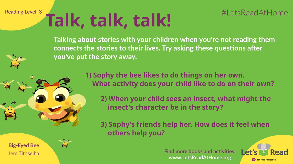 m_jkhan's tweet photo. Reading Tip: Talk with your kids often!
Talking about stories with your children after you read them continues to engage them and connect the stories to their lives.
Big-Eyed Bee: https://t.co/oXbefRkOYg
More books and reading activities: https://t.co/kfbm8YEVVZ
#LetsReadAtHome https://t.co/aIz6F5mEjR