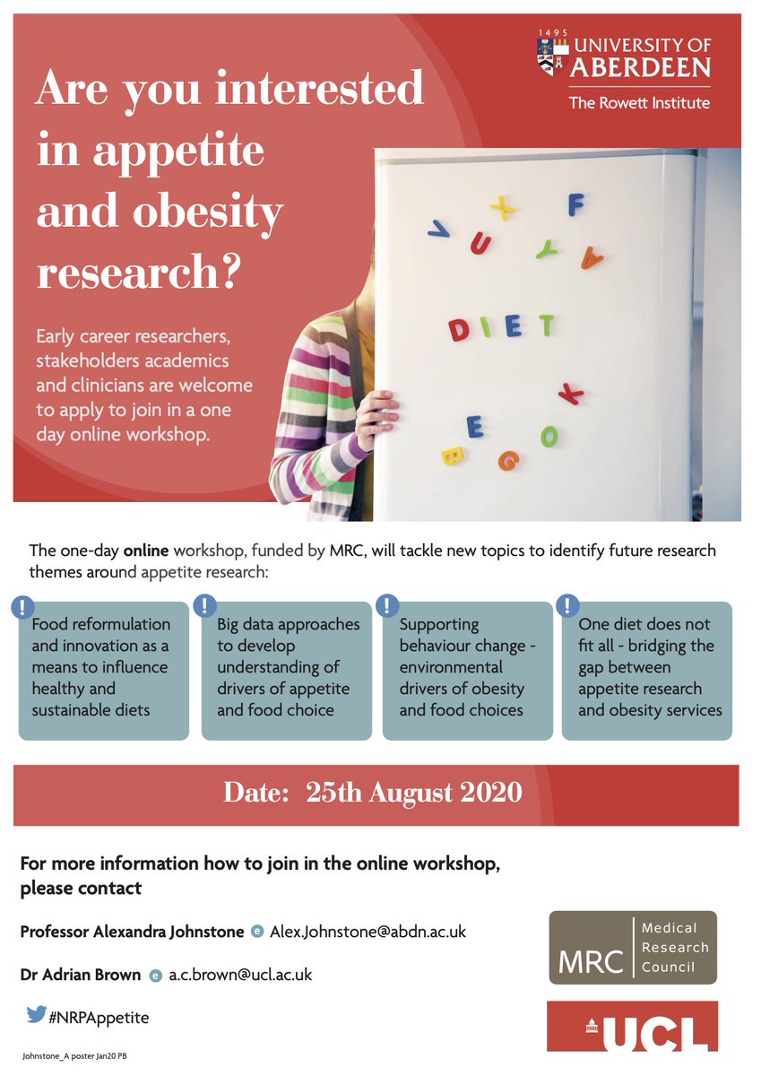 ProfAJohnstone's tweet photo. Adrian and I have rescheduled our @The_MRC Appetite and Obesity workshop to be online on 25th August - ECR &amp; stakeholders, please get in touch to register to join in - you do not have to be an expert in the area! #NRPAppetite @BrownAdey @rowett_abdn https://t.co/P4nxMu5SXT
