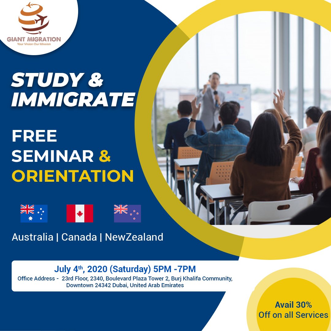 GiantMigration's tweet photo. Planning to Migrate to New Zealand/Canada/Australia?
GIANT MIGRATION invites you to join us for a  Session with best advisors &amp; experts from Immigration, 
On 4th July 2020, 5-7 PM UAE.
#Seminar #GiantMigration #ImmigrationConsultants #UAE #Dubai #ImmigrationConsultantsInDubai https://t.co/hNXNln4jtD