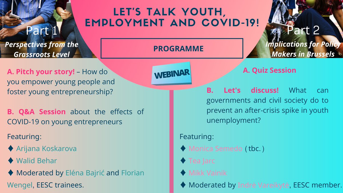 EESC_SOC's tweet photo. .@EU_EESC trainees’ webinar on 1 July on the #COVID19 impact on #YouthEmployment will:
✏️ Increase public and political awareness of the challenging situation of European #YoungPeople
✏️ Discuss concrete strategies for #recovery
Discover more about it!
👉https://t.co/N46b5TXGxq https://t.co/McSk4lF5Nr