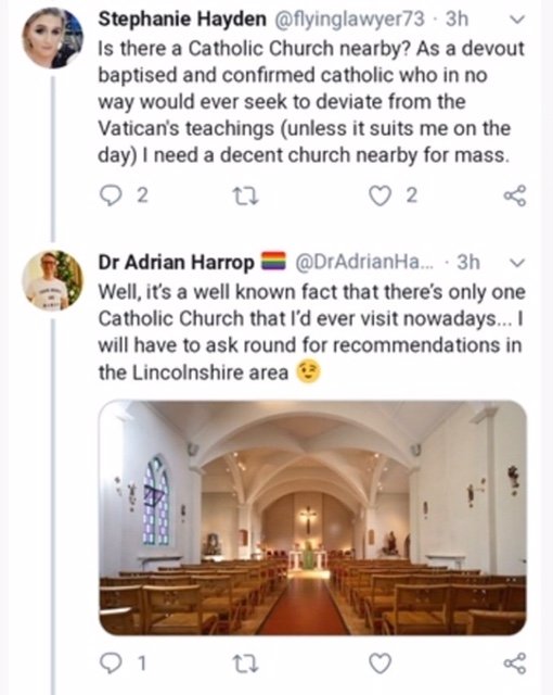 Caroline's husband is a Catholic priest at two parishes and in 2019 Harrop asked Stephanie Hayden for a game of golf, using a picture of one of her husband's churches. Hayden famously has a conviction for attacking a man with a golf club. 3/10