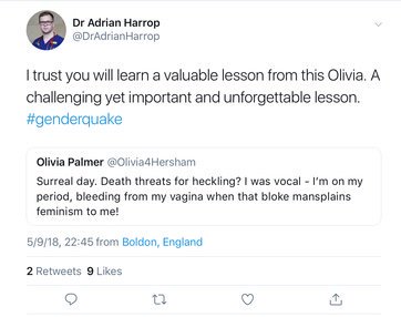 Caroline Farrow is a broadcaster who received some media attention in late 2018 for saying, shockingly, 'people cannot change sex'. As you may know, Dr Adrian Harrop, is a trans activist with a proud track record of measured discussion with any woman who has this view 2/10