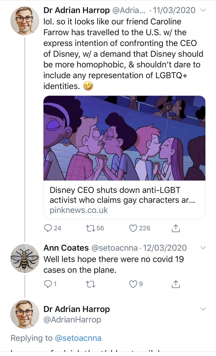 Harrop then said he might order 100 rainbow lanyards and have them sent to clinical staff who operate in Caroline's area. And when Caroline said Disney should spend less effort preaching about LGBT in their films, he joked about her getting Covid-19. 8/10