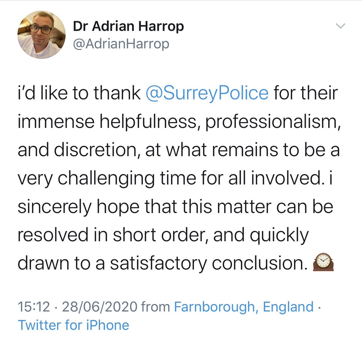 Recently Caroline has been receiving several takeaway deliveries, traced back to Farnborough, that she didn't order from someone harassing her. Harrop has now tweeted that he's been mysteriously speaking to police and put his location as 'Farnborough'. 9/10
