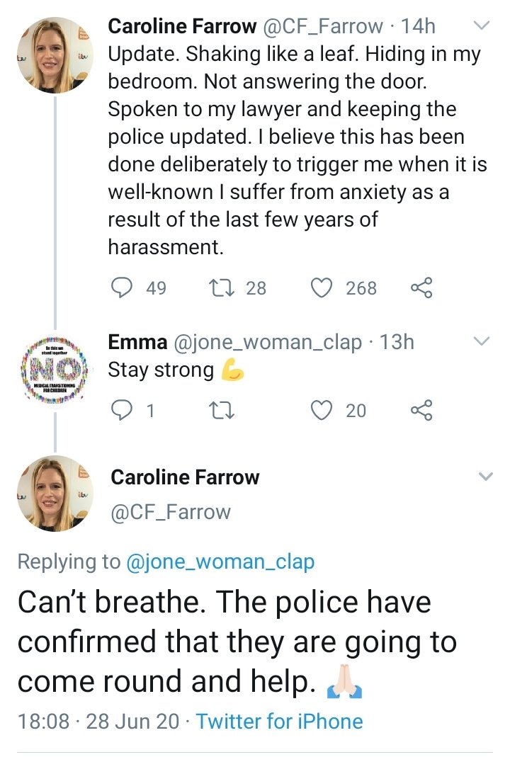 Caroline doesn't actually live in Farnborough, but in between there and Godalming. Shortly afterwards, Harrop, who lives in Liverpool, tweeted that his location was now in Godalming. Caroline has called the police. 10/10