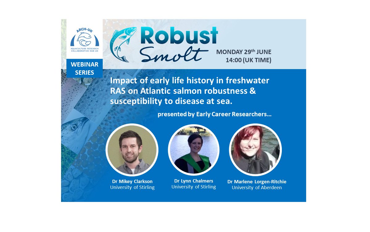 🐟 Our Webinar is TODAY 2pm (UK time)  🐟

RT <a href="/Aquaculture_hub/">Aquaculture Research Collaborative Hub UK</a>: Meet the next generation of #aquaculture researchers 
<a href="/RobustSmolt/">RobustSmolt</a> - hear how their #RAS #microbiome &amp; #genetics research will aid healthy, high-quality #salmon production! 

REGISTER NOW bit.ly/2YZeGEf
