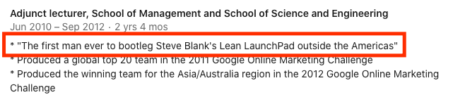 15/ [[ @sgblank]] also created a way of teaching [[evidence-based entrepreneurship]]. He calls it the [[Lean Launchpad]]. Below is the self-awarded title I'm most proud of in my Linkedin lol. I'll work on bringing this online after I nail the PM training.