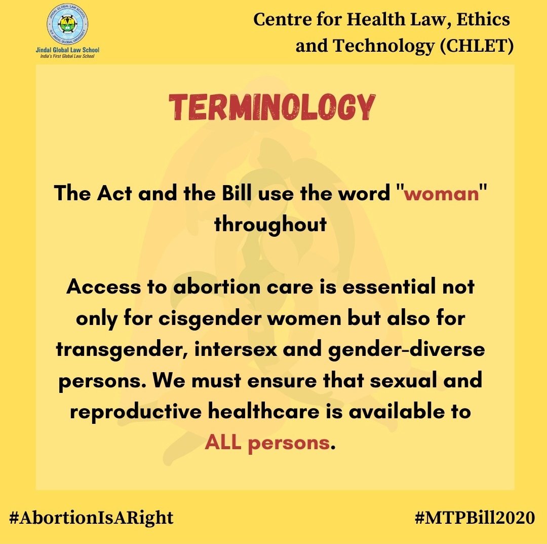 The term 'abnormalities' should be replaced with “anomalies” instead. The use of the word “woman” in the bill excludes transgender, intersex and gender diverse people. We suggest that the word woman be removed, and replaced with “person”. #AbortionIsARight  #MTPBill2020