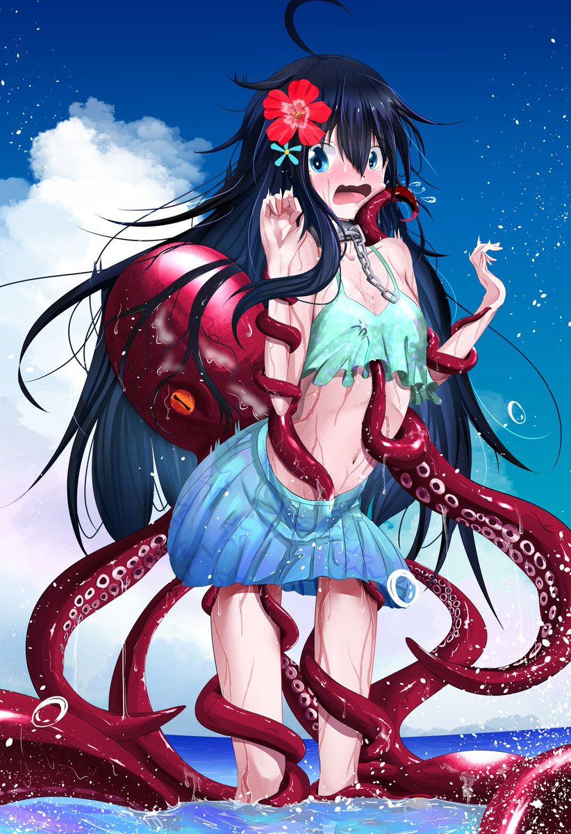 何故かタコに襲われる水着うちのこ 黒上のイラスト