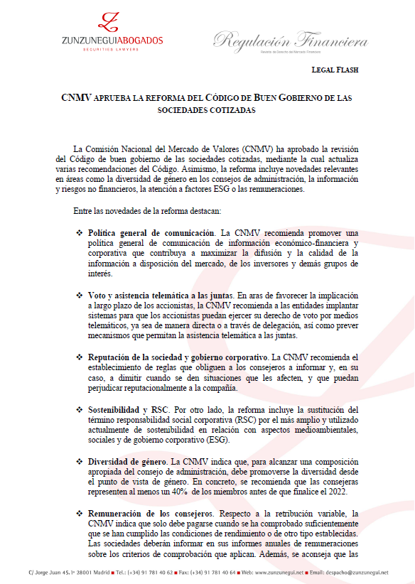 ZunzuneguiAbog's tweet photo. ⚡️ Legal Flash #FinReg #FinAlert
La @CNMV_MEDIOS aprueba la reforma del Código de Buen Gobierno de las sociedades cotizadas.
https://t.co/0FGWAc13Wj https://t.co/xEcQ8mnEaR