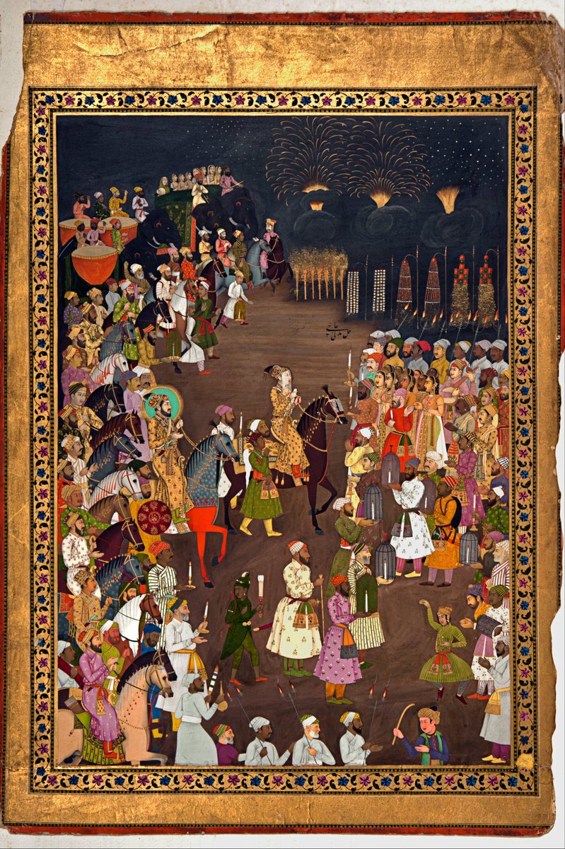 This is one of my most fav paintings of all time, "The Marriage Procession of Dara Shikoh," by Haji Madani. Though everyone is stylized the same way, they also have their own unique features--there is even differentiation in the fabrics based on where in South Asia they're from.