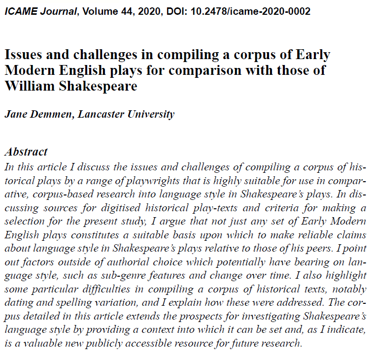 ShakespeareLang's tweet photo. We are happy to say that @JJDemmen's recently published paper in ICAME Journal is now available to read open access. https://t.co/DlwnxoUFC6 ☺️ https://t.co/gzkt3F5sIP