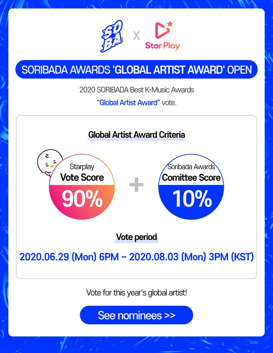 mystarplay's tweet photo. 📢#SORIBADA X #STARPLAY
2020 SORIBADA Best K-Music Awards🏆

🎉[#Global_Artist_Award] with main prize in #STARPLAY app🎉

✅Vote period: 06/29 6PM ~ 8/3 3PM(KST)

※Refer to Starplay app notice for details!

<Vote>
IOS: https://t.co/RdAGlUkehd
Google: https://t.co/stBuupvEUm https://t.co/u61LnJNr08