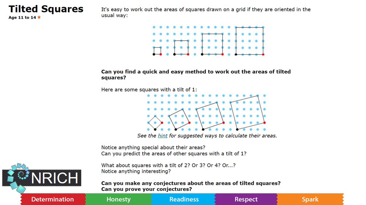 Today we challenge you to investigate this <a href="/nrichmaths/">NRICH maths</a> problem on tilted squares. On the site (link below) there is an interactive grid to help!
This problem is open to solutions, see if you can get your solution published on their site: nrich.maths.org/tiltedsquares
<a href="/MarpleHall/">Marple Hall School</a>