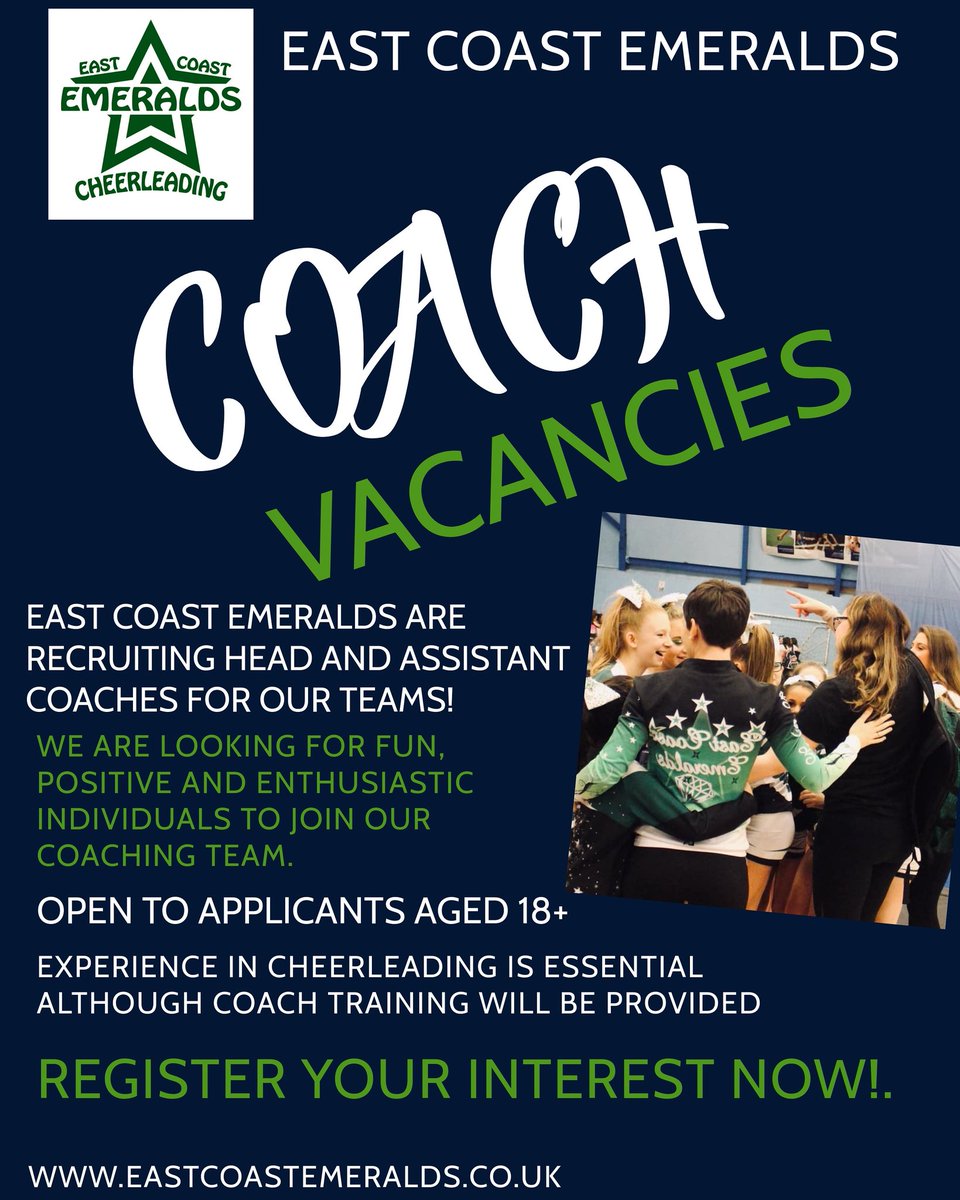 Are you positive, enthusiastic, motivational, and a great role models and looking to take on a coaching role?

East Coast Emeralds currently has both assistant and head coach positions available for the 20/21 season. 

Apply now!

form.jotform.com/201801872627051
