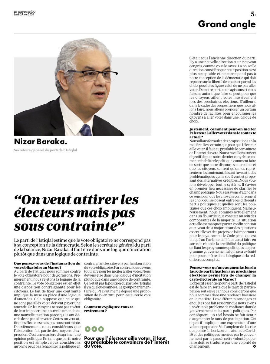 Faut-il doper le taux de participation aux prochaines élections en recourant au vote obligatoire ?  La position de <a href="/nizar_baraka/">Nizar Baraka نزار بركة</a> est tranchée sur cette question.

<a href="/nizar_baraka/">Nizar Baraka نزار بركة</a>