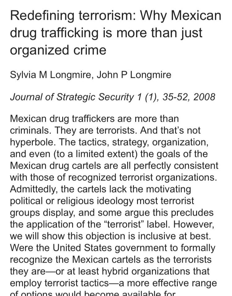 The term "narcoterrorism", introduced in 1983, was originally applied to violent drug trafficking organizations in Colombia and Peru. In Mexico, the concept of narcoterrorism has gained popularity in academic literature since at least 2008, primarily in reference to Los Zetas.