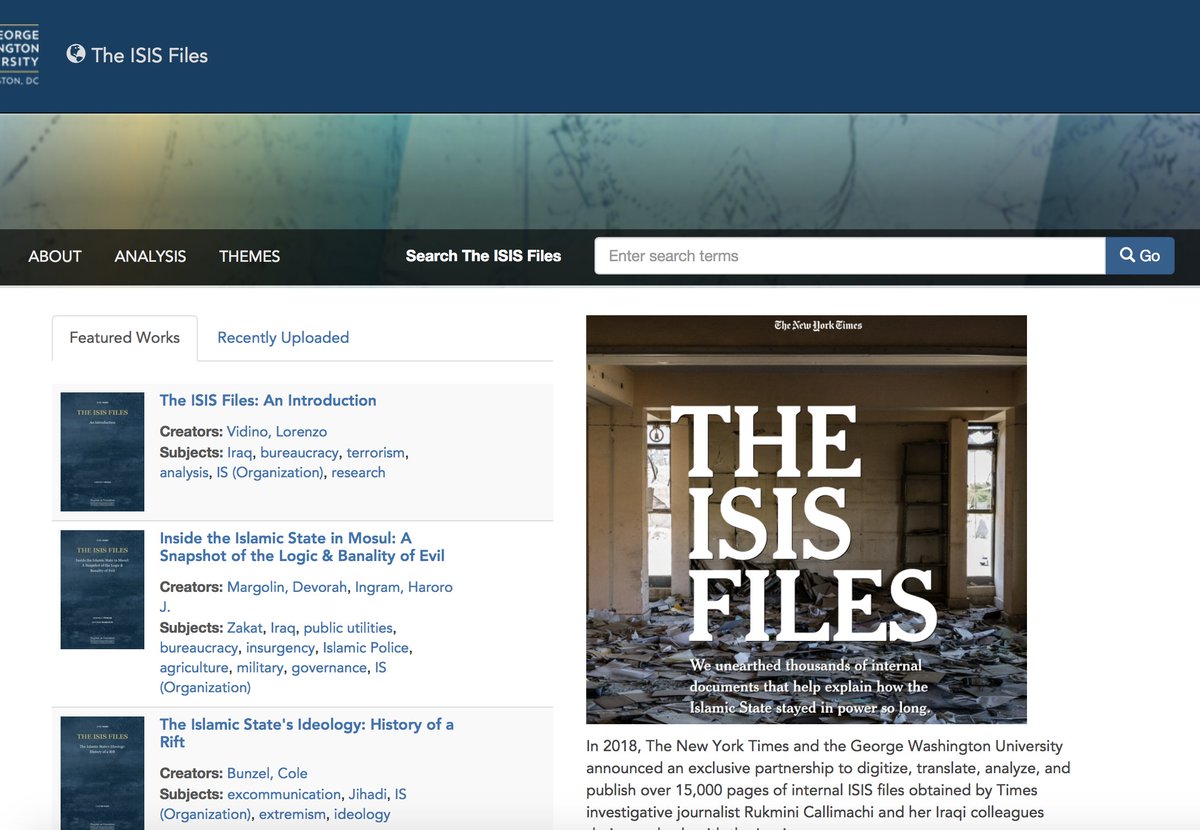 1. Two years ago, when we published our story on how ISIS governs, we made a promise to readers: We would find a way to make the more than 15,000 pages of internal ISIS records we found available to the general public. Today we made good on that promise:  https://isisfiles.gwu.edu 