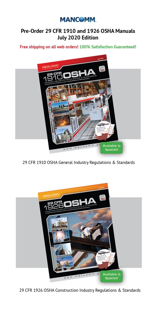Pro-Order the newest 1910 and 1926 OSHA manuals! Free shipping on all web orders! mancomm.com/1910-1926-ohsa…