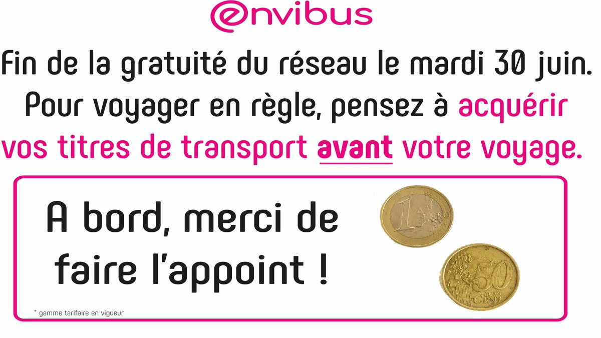 RAPPEL - Fin de la gratuité du réseau . A partir du 1er juillet, pensez à anticiper l'achat de vos titres et valider à chaque montée.🎫
Pensez à l'application Envibus ticket 📲 <a href="/AirwebEu/">AirwebEu</a> 
#envibus