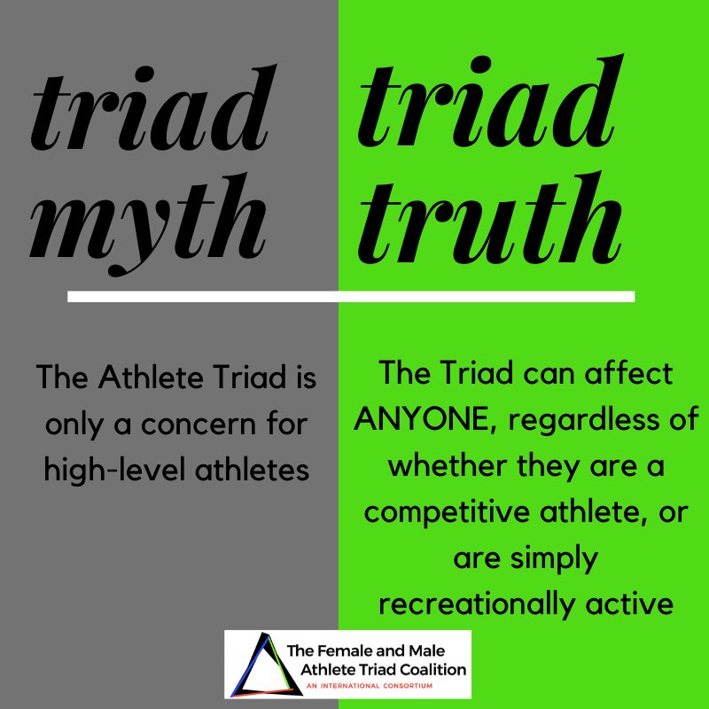 TheAthleteTriad's tweet photo. #MythMonday!
The driving factor of #theTriad is energy deficiency, which can come about in a variety of ways. Burning excess calories during workouts, and/or undereating for what your body needs, are both ways in which one can achieve an #energydeficiency. #LinkInBio https://t.co/DMWRNrLntJ