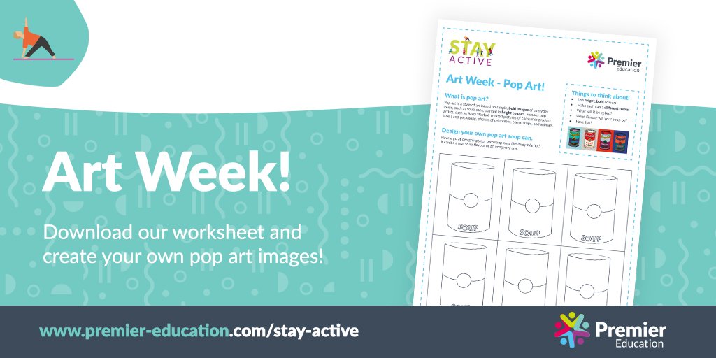 PremEducationUK's tweet photo. It's Children's Art Week, so we will be posting an art challenge every day this week. First up, Pop Art. Think bright, colourful drawings and use colours that wouldn't normally be used for what you're drawing. You can access our easy guide in our #StayActive lifeskills resources. https://t.co/DSSPuionuK