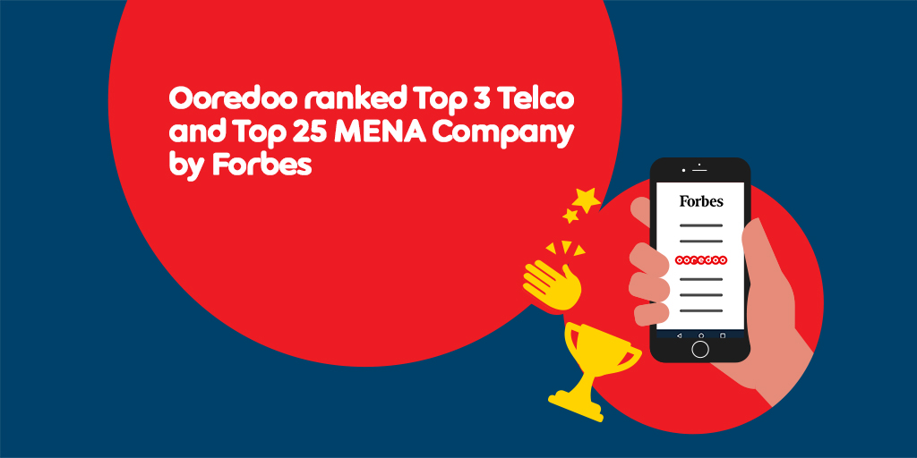 We're thrilled to announce that #Ooredoo has taken the top 25th position in ‘The Middle East’s Top 100 Companies 2020’ ranking by Forbes magazine, where we're also recognised as a Top 3 Telco in MENA. Congratulations to our colleagues around the world for the great achievement 🎉