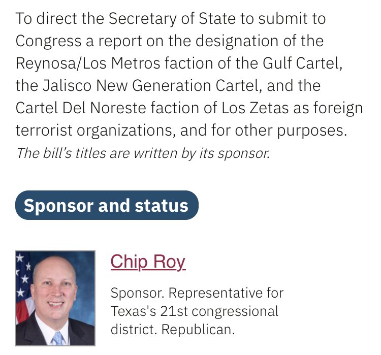 Back to  #HR1700, the bill which, if passed, would direct the Secretary of State to designate CDN, Los Metros, and CJNG (a group without a large presence in Tamaulipas at the moment but who are rumored to have an alliance with Los Metros) as foreign terrorist organizations (FTO).