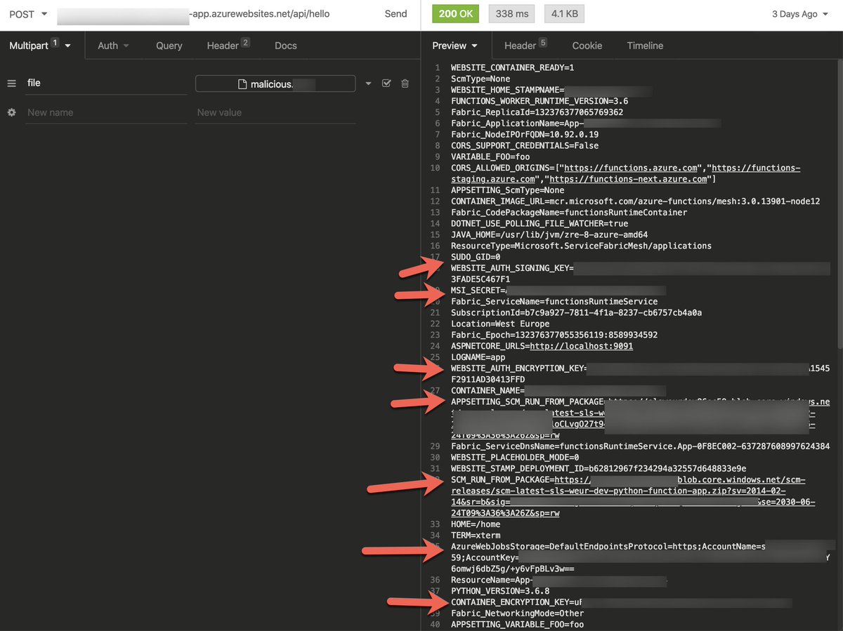 abhaybhargav's tweet photo. Just like with #AWS, RCE against an @Azure function can be devastating. Here, an insecure deserialization by @sharathkramadas pulls env-vars from a func with a plethora of secrets incl azure storage signed url (storage compromise), signing &amp; encryption keys #exploit #bugbounty https://t.co/10LwE3SzDs